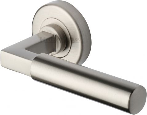 Click Here To Enlarge This Photo Of V2259-SN Heritage Brass Door Handle Lever on Rose Bauhaus Design Satin Nickel Finish