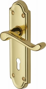 Click Here To Enlarge This Photo Of V300-PB Heritage Brass Door Handle Lever Lock Meridian Design Polished Brass Finish