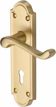Click Here To Enlarge This Photo Of V300-SB Heritage Brass Door Handle Lever Lock Meridian Design Satin Brass Finish