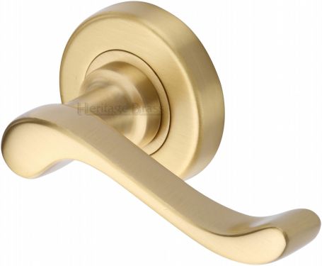 Click Here To Enlarge This Photo Of V3010-SB Heritage Brass Door Handle Lever Latch on 53mm Round Rose Bedford Design Satin Brass Finish