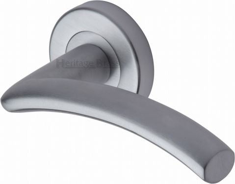 Click Here To Enlarge This Photo Of V3490-SC Heritage Brass Door Handle Lever Latch on Round Rose Centaur Design Satin Chrome Finish