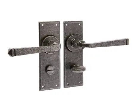 Click Here To Enlarge This Photo Of VF100B Frelan Hardware Valley Forge Pewter Door Handles on Bathroom Plate