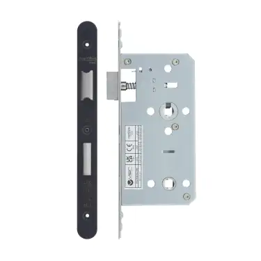 Click Here To Enlarge This Photo Of VDL7855-R-PCB - Zoo Hardware Vier DIN Bathroom Lock 55mm Backset &lpar;78mm Centres&rpar; with 2pc Radius Forend - Powder Coated Black Finish