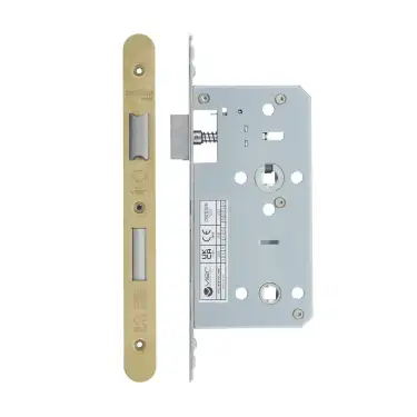 Click Here To Enlarge This Photo Of VDL7855-R-PVDSB - Zoo Hardware Vier DIN Bathroom Lock 55mm Backset &lpar;78mm Centres&rpar; with 2pc Radius Forend - PVD Satin Brass Finish