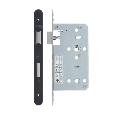 Click Here To Enlarge This Photo Of VDL7860-R-PCB - Zoo Hardware Vier DIN Bathroom Lock 60mm Backset &lpar;78mm Centres&rpar; with 2pc Radius Forend - Powder Coated Black Finish