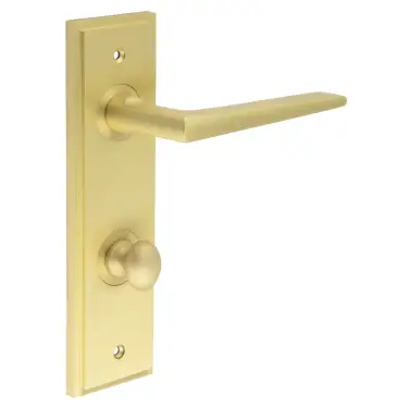 Click Here To Enlarge This Photo Of BUR-10SB-456SB-80SB Frelan Hardware Burlington 'Mayfair' Door Handles on 78mm DIN Bathroom Backplate with Satin Brass Turn & Release &lpar;Inner 1&rpar;