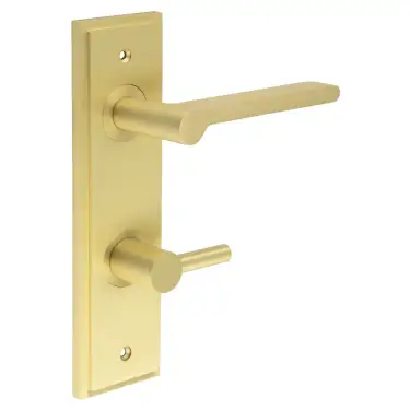 Click Here To Enlarge This Photo Of BUR-15SB-456SB-82SB Frelan Hardware Burlington 'Fitzrovia' Door Handles on 78mm DIN Bathroom Backplate with Satin Brass Easy Turn & Release