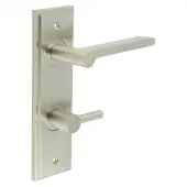 BUR-15SN-456SN-82SN Frelan Hardware Burlington 'Fitzrovia' Door Handles on 78mm DIN Bathroom Backplate with Satin Nickel Easy Turn & Release