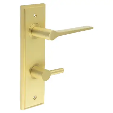 Click Here To Enlarge This Photo Of BUR-20SB-456SB-82SB Frelan Hardware Burlington 'Knightsbridge' Door Handles on 78mm DIN Bathroom Backplate with Satin Brass Easy Turn & Release