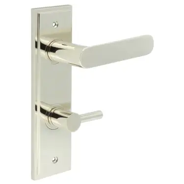 Click Here To Enlarge This Photo Of BUR-25PN-456PN-82PN Frelan Hardware Burlington 'Kensington' Door Handles on 78mm DIN Bathroom Backplate with Polished Nickel Easy Turn & Release