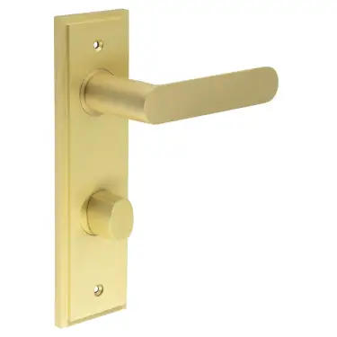 Click Here To Enlarge This Photo Of BUR-25SB-456SB-81SB Frelan Hardware Burlington 'Kensington' Door Handles on 78mm DIN Bathroom Backplate with Satin Brass Turn & Release &lpar;Inner 3&rpar;
