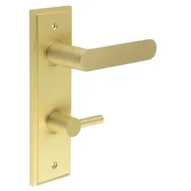 Click Here To Enlarge This Photo Of BUR-25SB-456SB-82SB Frelan Hardware Burlington 'Kensington' Door Handles on 78mm DIN Bathroom Backplate with Satin Brass Easy Turn & Release