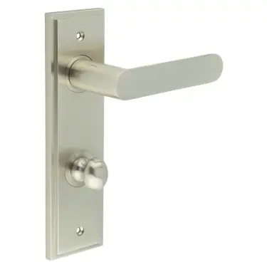 Click Here To Enlarge This Photo Of BUR-25SN-456SN-80SN Frelan Hardware Burlington 'Kensington' Door Handles on 78mm DIN Bathroom Backplate with Satin Nickel Turn & Release &lpar;Inner 1&rpar;