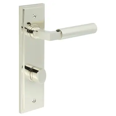 Click Here To Enlarge This Photo Of BUR-30PN-456PN-81PN Frelan Hardware Burlington 'Westminster' Door Handles on 78mm DIN Bathroom Backplate with Polished Nickel Turn & Release &lpar;Inner 3&rpar;