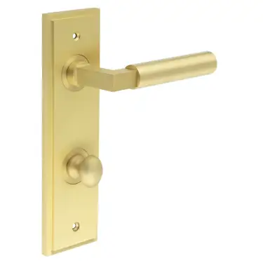 Click Here To Enlarge This Photo Of BUR-30SB-456SB-80SB Frelan Hardware Burlington 'Westminster' Door Handles on 78mm DIN Bathroom Backplate with Satin Brass Turn & Release &lpar;Inner 1&rpar;