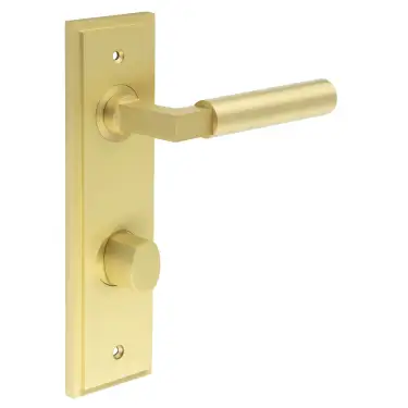 Click Here To Enlarge This Photo Of BUR-30SB-456SB-81SB Frelan Hardware Burlington 'Westminster' Door Handles on 78mm DIN Bathroom Backplate with Satin Brass Turn & Release &lpar;Inner 3&rpar;
