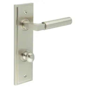 Click Here To Enlarge This Photo Of BUR-30SN-456SN-80SN Frelan Hardware Burlington 'Westminster' Door Handles on 78mm DIN Bathroom Backplate with Satin Nickel Turn & Release &lpar;Inner 1&rpar;