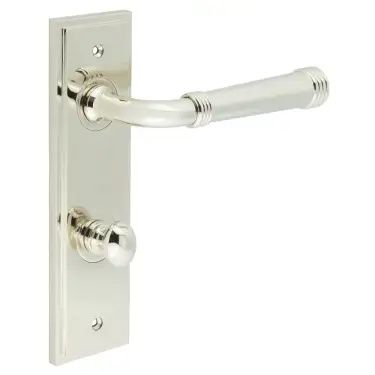 Click Here To Enlarge This Photo Of BUR-35PN-456PN-80PN Frelan Hardware Burlington 'Highgate' Door Handles on 78mm DIN Bathroom Backplate with Polished Nickel Turn & Release &lpar;Inner 1&rpar;