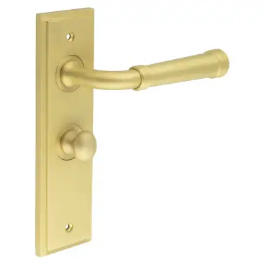 Click Here To Enlarge This Photo Of BUR-35SB-453SB-80SB Frelan Hardware Burlington 'Highgate' Door Handles on 57mm Bathroom Backplate with Satin Brass Turn & Release &lpar;Inner 1&rpar;