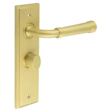 Click Here To Enlarge This Photo Of BUR-35SB-453SB-81SB Frelan Hardware Burlington 'Highgate' Door Handles on 57mm Bathroom Backplate with Satin Brass Turn & Release &lpar;Inner 3&rpar;
