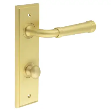 Click Here To Enlarge This Photo Of BUR-35SB-456SB-80SB Frelan Hardware Burlington 'Highgate' Door Handles on 78mm DIN Bathroom Backplate with Satin Brass Turn & Release &lpar;Inner 1&rpar;