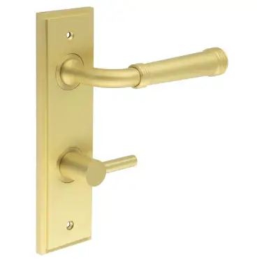 Click Here To Enlarge This Photo Of BUR-35SB-456SB-82SB Frelan Hardware Burlington 'Highgate' Door Handles on 78mm DIN Bathroom Backplate with Satin Brass Easy Turn & Release