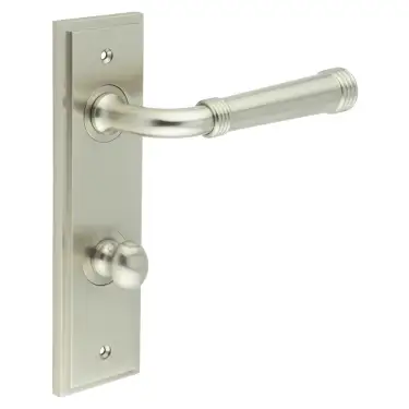 Click Here To Enlarge This Photo Of BUR-35SN-456SN-80SN Frelan Hardware Burlington 'Highgate' Door Handles on 78mm DIN Bathroom Backplate with Satin Nickel Turn & Release &lpar;Inner 1&rpar;