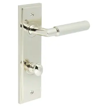 Click Here To Enlarge This Photo Of BUR-40PN-456PN-80PN Frelan Hardware Burlington 'Piccadilly' Door Handles Bathroom 78mm DIN Backplate with Polished Nickel Turn & Release &lpar;Inner 1&rpar;