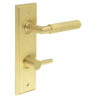 Click Here To Enlarge This Photo Of BUR-40SB-456SB-82SB Frelan Hardware Burlington 'Piccadilly' Door Handles Bathroom 78mm DIN Backplate with Satin Brass Easy Turn & Release