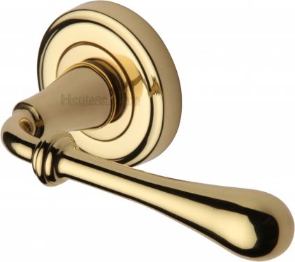 Click Here To Enlarge This Photo Of V7155-PB Heritage Brass Door Handle Lever Latch on Round Rose Roma Design Polished Brass Finish