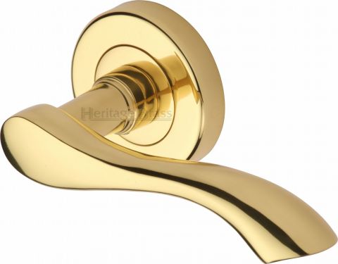 Click Here To Enlarge This Photo Of V7210-PB Heritage Brass Door Handle Lever Latch on Round Rose Algarve Design Polished Brass Finish