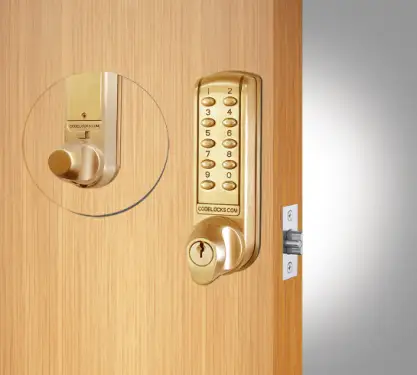 Click Here To Enlarge This Photo Of Codelocks CL2255 PB Light Duty Electronic Digital Lock with 60mm Tubular Latch&comma; Hold Open Function & Key Override - Polished Brass