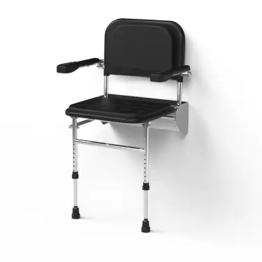 Click Here To Enlarge This Photo Of 335004&sol;BL Fitzroy of London Premium Wall Mounted Shower Seat with Support Legs&comma; Arm & Back Rests - Polished Aluminium Frame and Black Pads