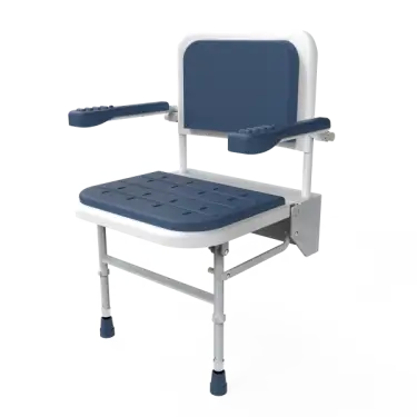 Click Here To Enlarge This Photo Of SB-081&sol;DB Fitzroy of London Premium Wall Mounted Shower Seat with Support Legs&comma; Back & Arm Rests - White &lpar;Dark Blue Pads&rpar;