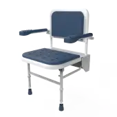 SB-081&sol;DB Fitzroy of London Premium Wall Mounted Shower Seat with Support Legs&comma; Back & Arm Rests - White &lpar;Dark Blue Pads&rpar;