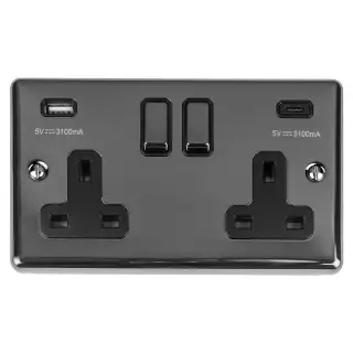 EN2USBCBNB - Eurolite 2 Gang 13Amp Switched Socket with 3&period;1Amp USB Outlets &lpar;1x Type A &plus; 1x Type C&rpar; Black Nickel with Black Trim &lpar;Enhance Range&rpar;