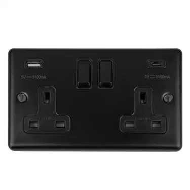 Click Here To Enlarge This Photo Of EN2USBCMBB - Eurolite 2 Gang 13Amp Switched Socket with 3&period;1Amp USB Outlets &lpar;1x Type A &plus; 1x Type C&rpar; Matt Black with Black Trim &lpar;Enhance Range&rpar;