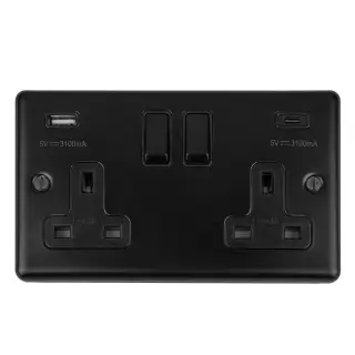 EN2USBCMBB - Eurolite 2 Gang 13Amp Switched Socket with 3&period;1Amp USB Outlets &lpar;1x Type A &plus; 1x Type C&rpar; Matt Black with Black Trim &lpar;Enhance Range&rpar;