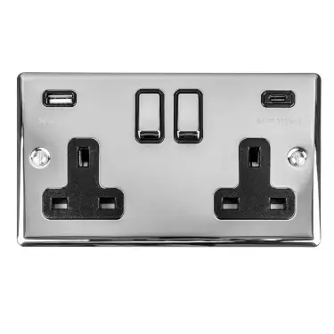 Click Here To Enlarge This Photo Of EN2USBCPCB - Eurolite 2 Gang 13Amp Switched Socket with 3&period;1Amp USB Outlets &lpar;1x Type A &plus; 1x Type C&rpar; Polished Chrome with Black Trim &lpar;Enhance Range&rpar;