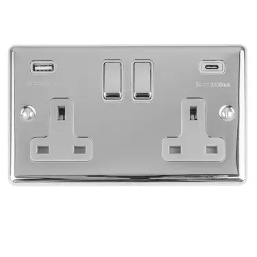 Click Here To Enlarge This Photo Of EN2USBCPCG - Eurolite 2 Gang 13Amp Switched Socket with 3&period;1Amp USB Outlets &lpar;1x Type A &plus; 1x Type C&rpar; Polished Chrome with Grey Trim &lpar;Enhance Range&rpar;