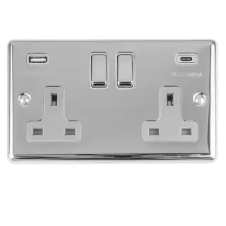 EN2USBCPCG - Eurolite 2 Gang 13Amp Switched Socket with 3&period;1Amp USB Outlets &lpar;1x Type A &plus; 1x Type C&rpar; Polished Chrome with Grey Trim &lpar;Enhance Range&rpar;