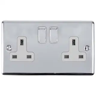 EN2SOPCW - Eurolite 2 Gang 13Amp DP Switched Socket Polished Chrome with White Trim &lpar;Enhance Range&rpar;