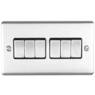 EN6SWSSB - Eurolite 6 Gang 10Amp 2Way Switch Satin Stainless Steel with Black Trim &lpar;Enhance Range&rpar;