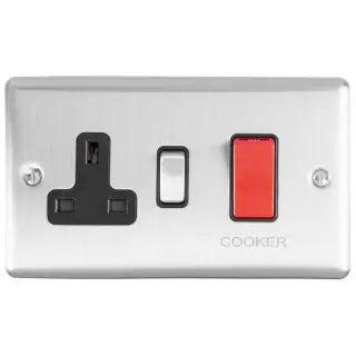 EN45ASWASSSB - Eurolite 45Amp DP Cooker Switch with 13Amp Socket Satin Stainless Steel with Black Trim &lpar;Enhance Range&rpar;