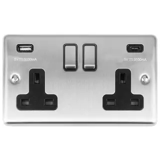 EN2USBCSSB - Eurolite 2 Gang 13Amp Switched Socket with 3&period;1Amp USB Outlets &lpar;1x Type A &plus; 1x Type C&rpar; Satin Stainless Steel with Black Trim &lpar;Enhance Range&rpar;