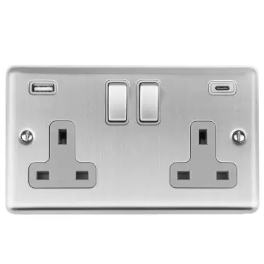 Click Here To Enlarge This Photo Of EN2USBCSSG - Eurolite 2 Gang 13Amp Switched Socket with 3&period;1Amp USB Outlets &lpar;1x Type A &plus; 1x Type C&rpar; Satin Stainless Steel with Grey Trim &lpar;Enhance Range&rpar;