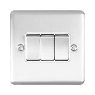 EN3SWSSW - Eurolite 3 Gang 10Amp 2Way Switch Satin Stainless Steel with White Trim &lpar;Enhance Range&rpar;