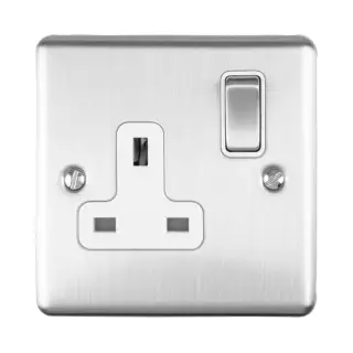 EN1SOSSW - Eurolite 1 Gang 13Amp DP Switched Socket Satin Stainless Steel with White Trim &lpar;Enhance Range&rpar;