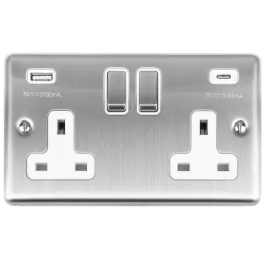 Click Here To Enlarge This Photo Of EN2USBCSSW - Eurolite 2 Gang 13Amp Switched Socket with 3&period;1Amp USB Outlets &lpar;1x Type A &plus; 1x Type C&rpar; Satin Stainless Steel with White Trim &lpar;Enhance Range&rpar;