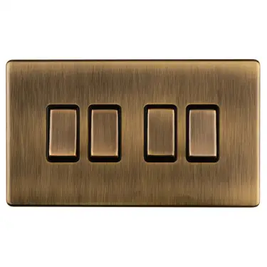 Click Here To Enlarge This Photo Of AB4SWB - Eurolite 4 Gang 10Amp 2Way Switch on 3mm Flat Concealed Antique Brass Plate with Matching Rockers
